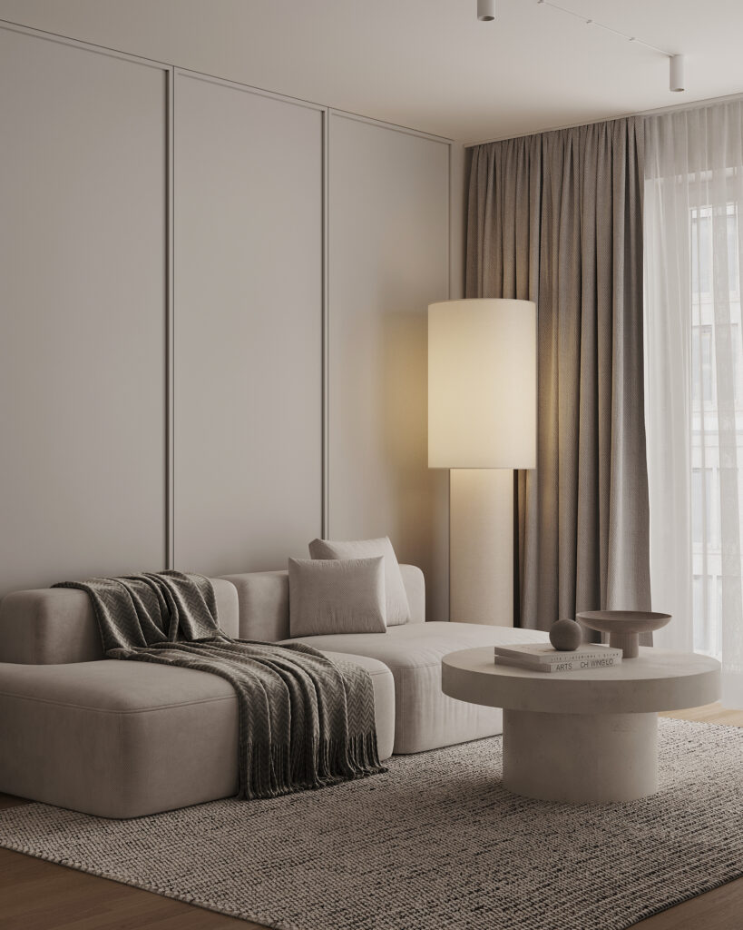 VNN Vienna apartment interior with pale greys, muted beige and elegant black details