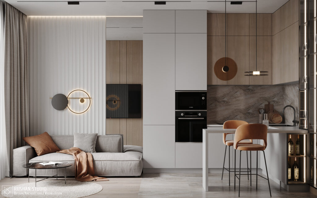 LVL small apartment interior in Moscow with light beige tones, black details and orange accents
