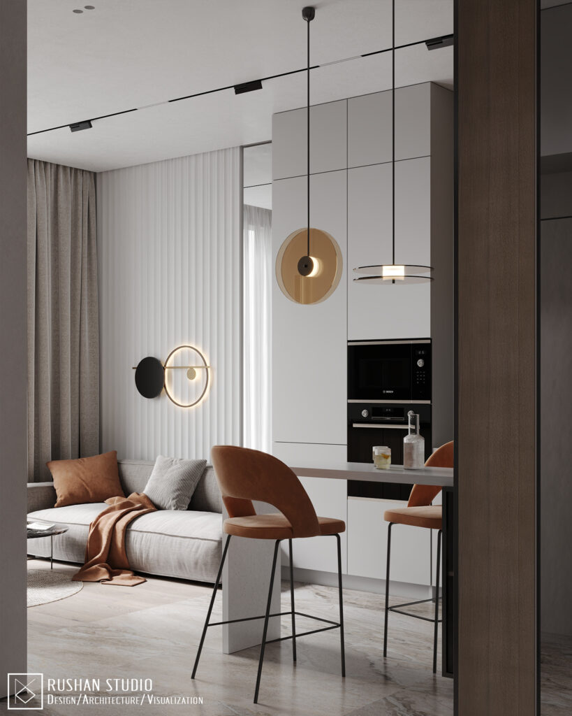 LVL interior design view with storage solutions, smooth white walls and stone-textured surfaces