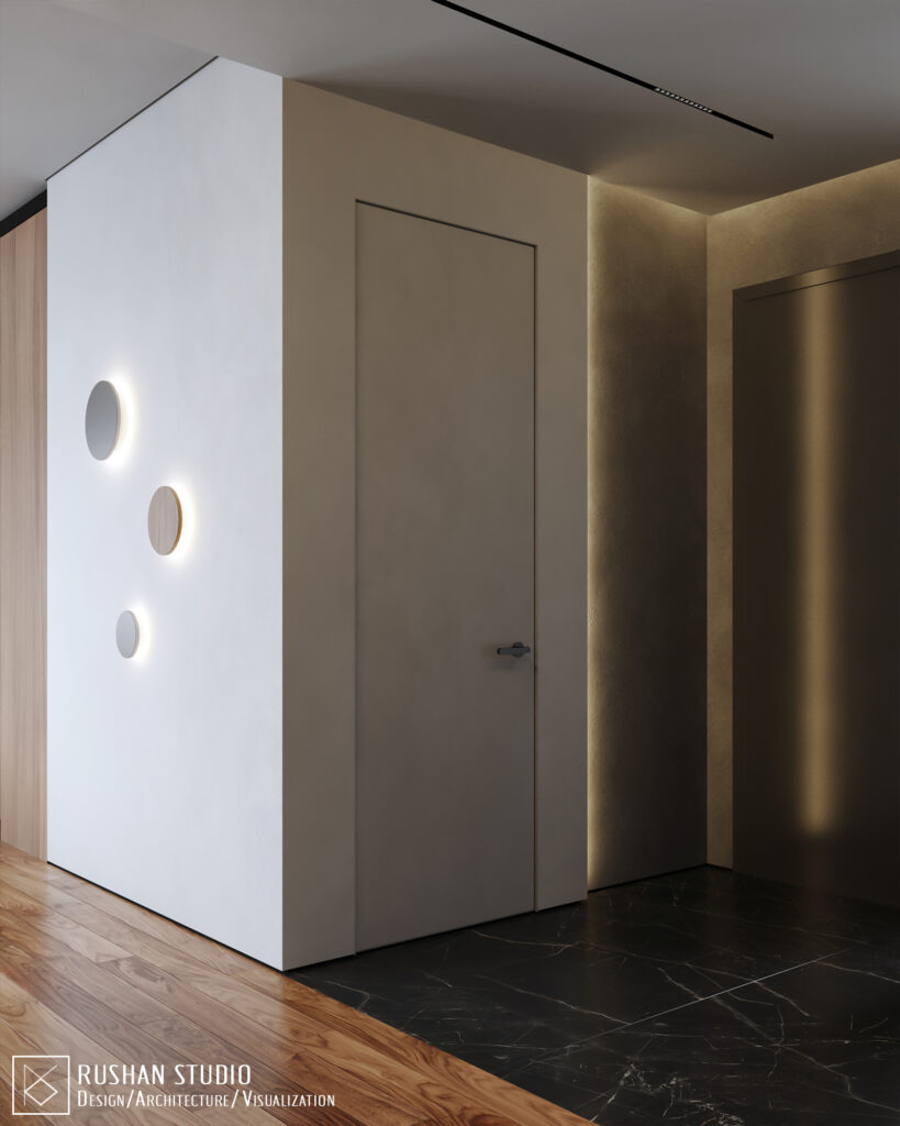 TLN family home project image with warm lighting, grey tones and luxurious natural finishes