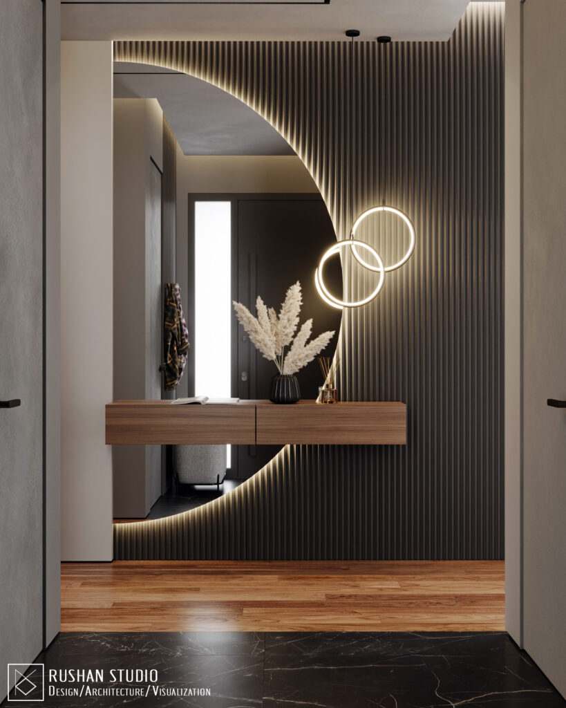 TLN interior visualization with black marble, wood accents and relaxed residential mood