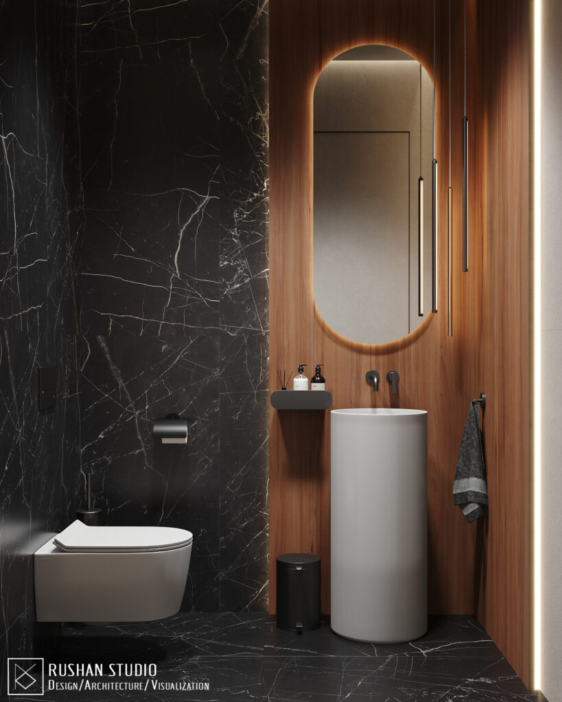 TLN interior design detail with vertical panels, warm wood and sophisticated lighting