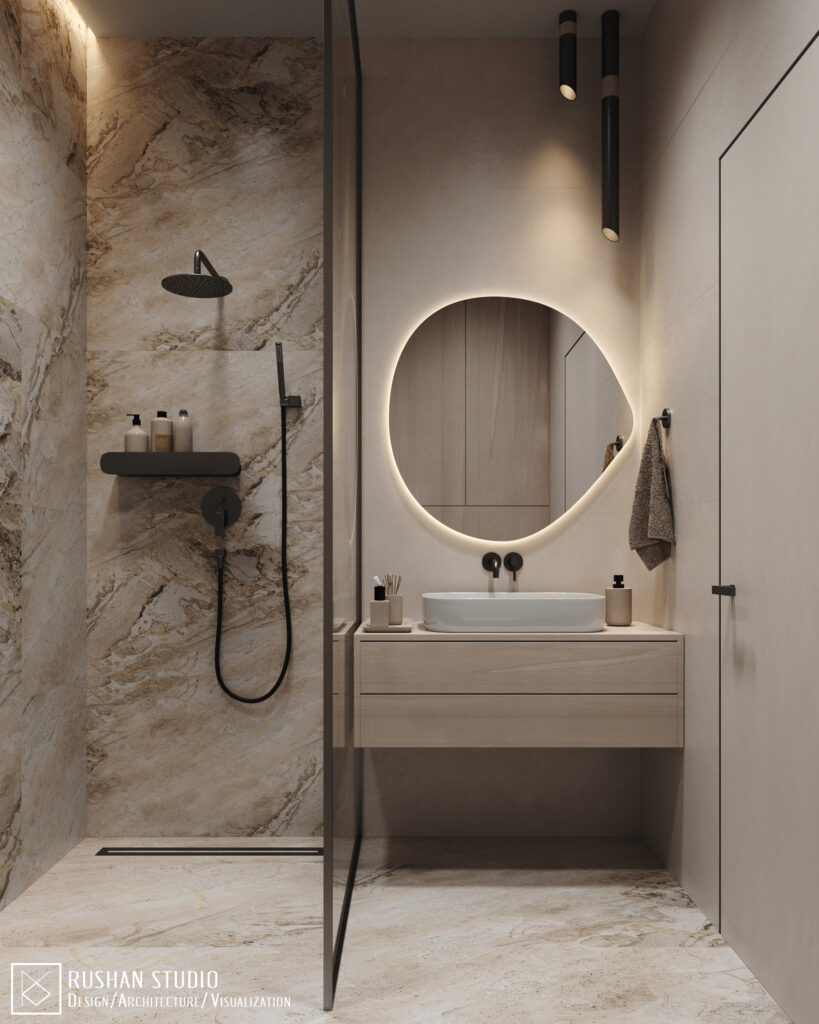 LVL apartment interior visualization with mirrors, beige tones and fresh orange color accents