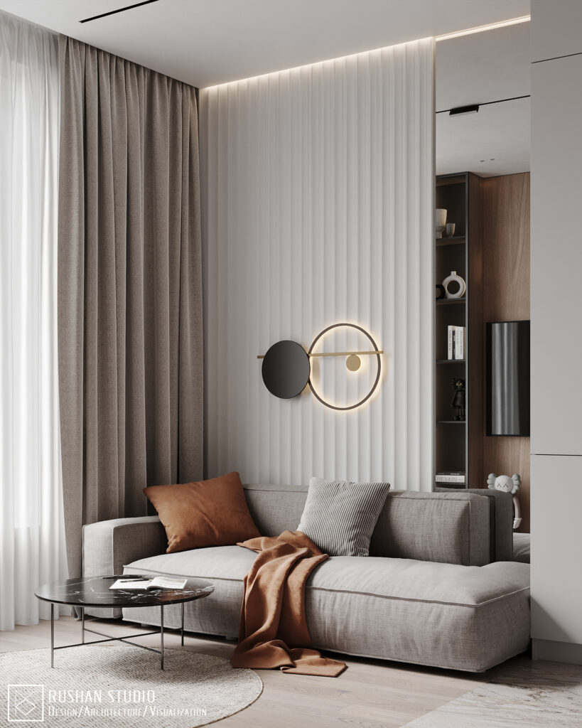 LVL apartment project image showing functional planning, mirrors and calm modern materials