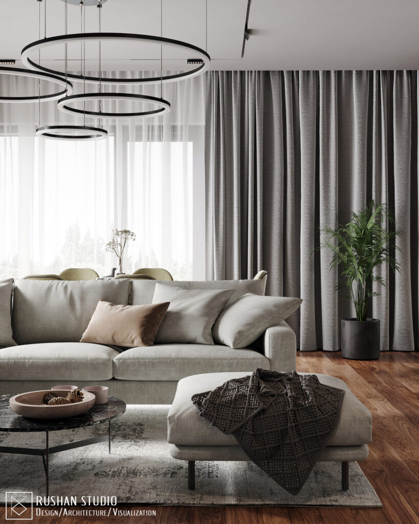 TLN residential interior project with warm wood inserts, calm colors and modern family comfort