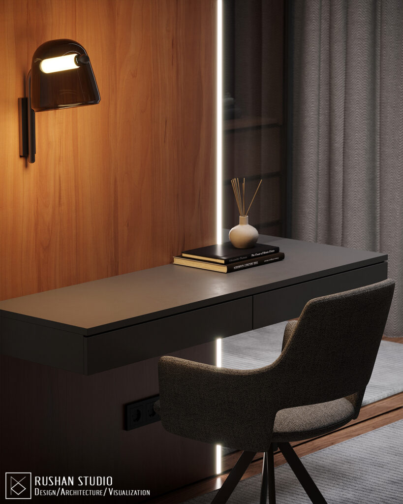 TLN home interior atmosphere with soft orange light, neutral finishes and refined contrast