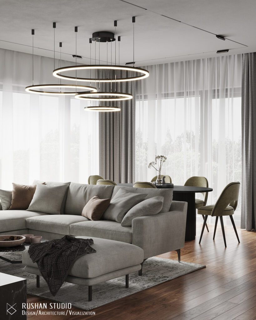 TLN private house interior with minimalist luxury, black marble and layered lighting design