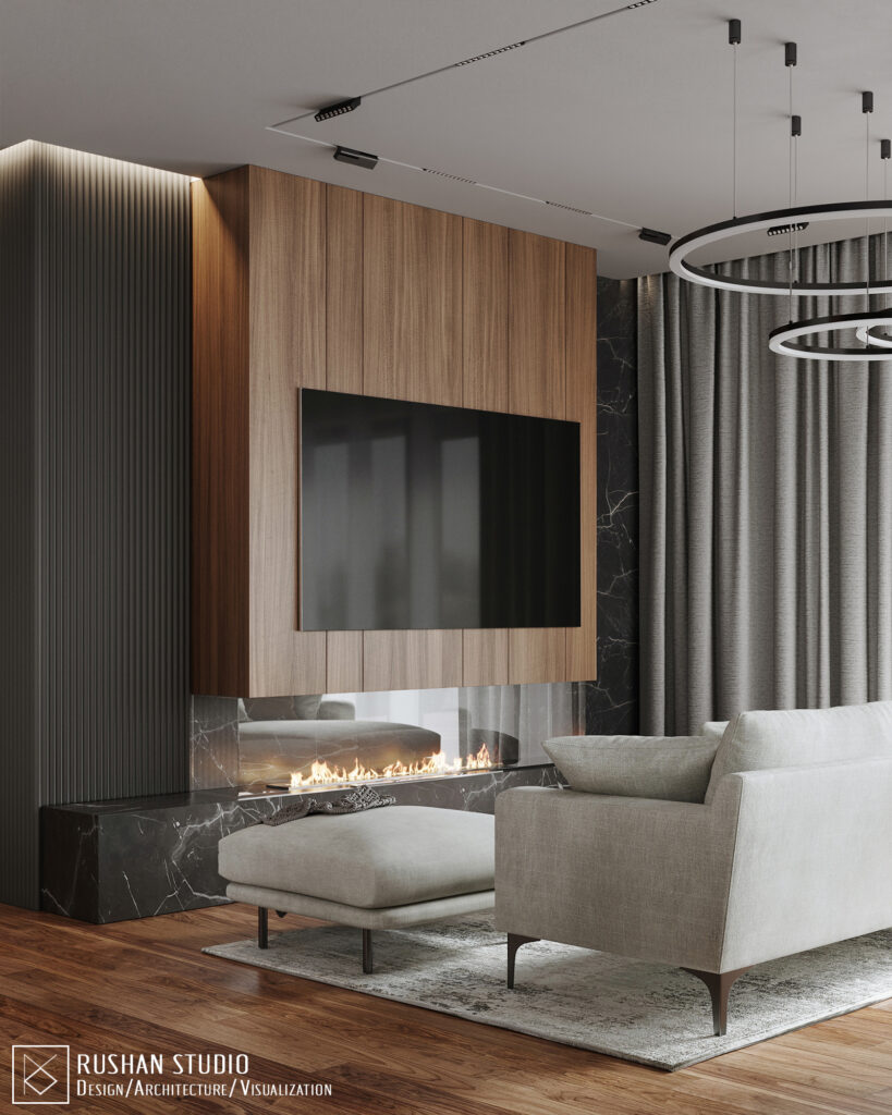 TLN home interior view showing natural tones, refined materials and soft atmospheric lighting