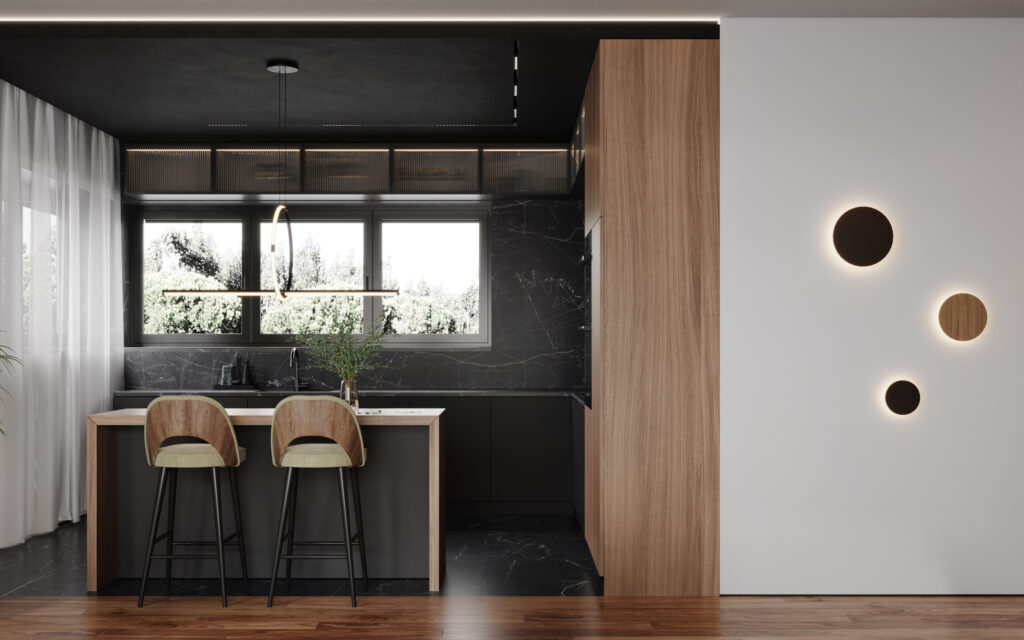 TLN house interior design with neutral palette, wood details and contemporary architectural rhythm