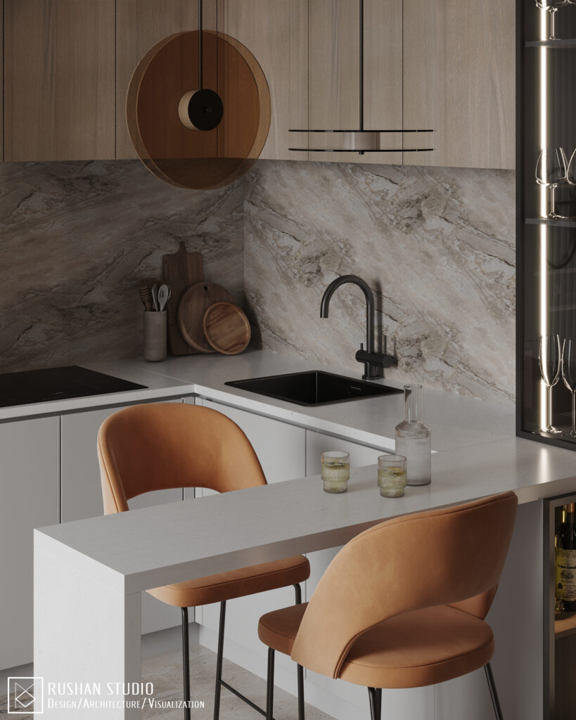 LVL apartment design detail with light beige materials, mirror reflections and modern simplicity