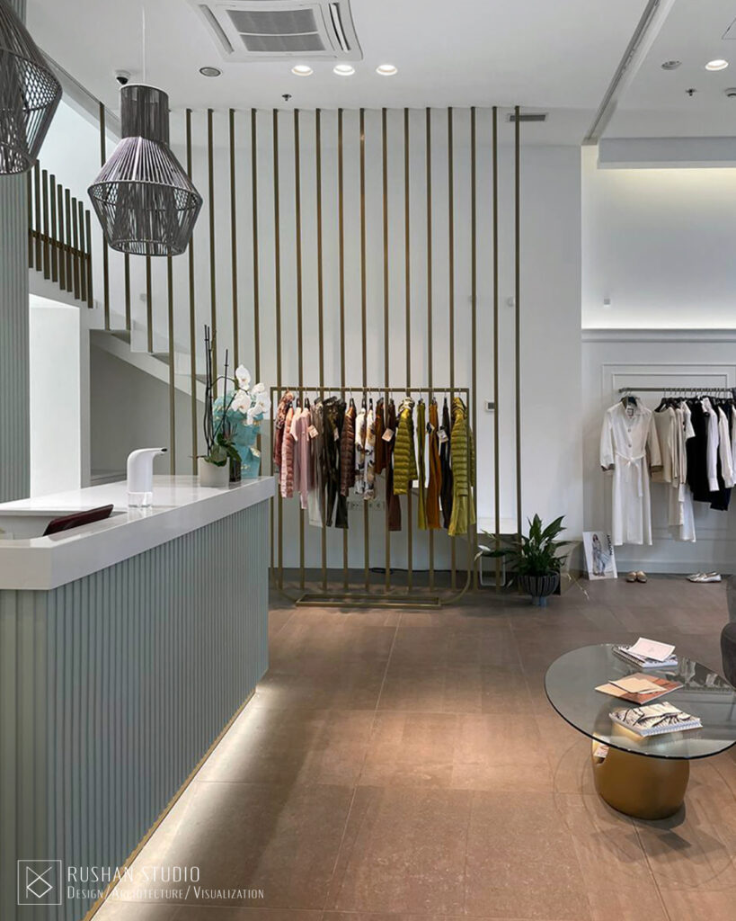 KNT fashion boutique interior with mint reception area, soft seating and elegant details