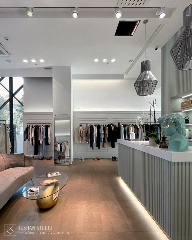 KNT retail interior design with soft palette, modern classic furniture and decorative mirrors