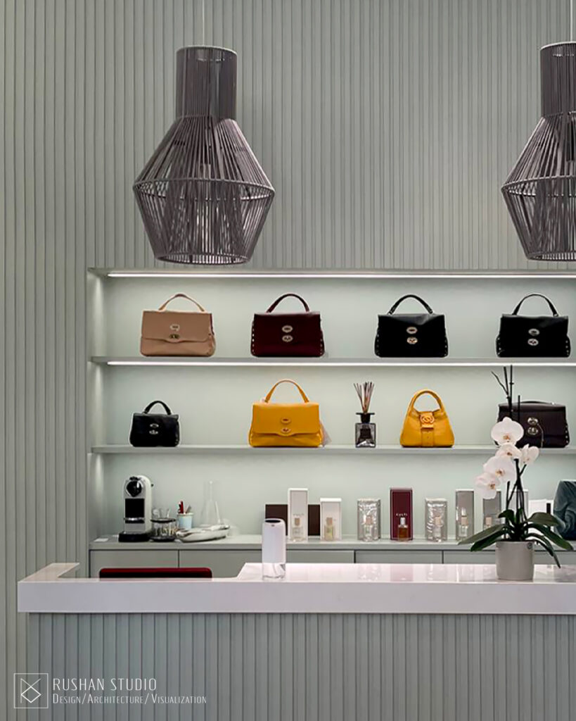 KNT boutique project image showing a calm shopping space with gold accents and gentle colors