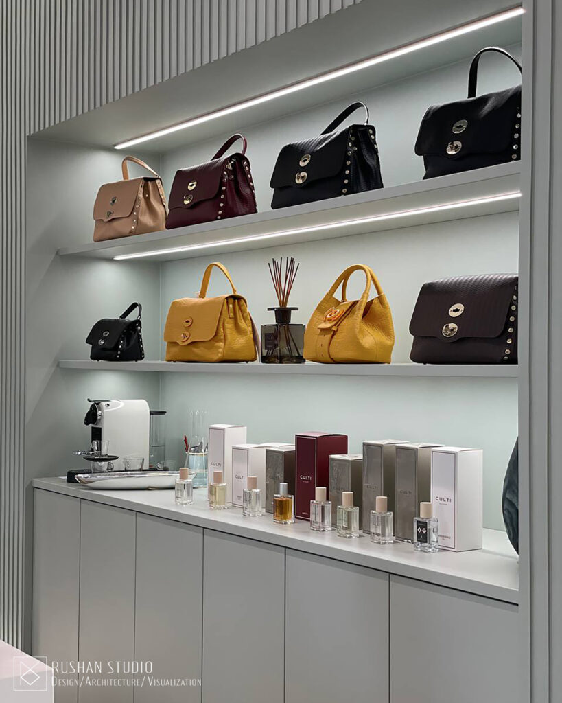 KNT boutique design detail with gold accents, gentle textures and calm luxury feeling