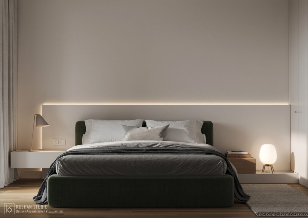 VNN interior visualization with soft grey walls, natural parquet and understated elegance