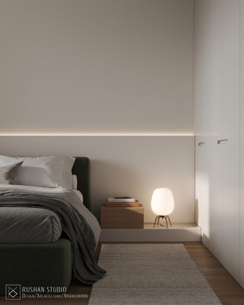 VNN residential apartment interior with calm beige tones, black accents and warm wood flooring