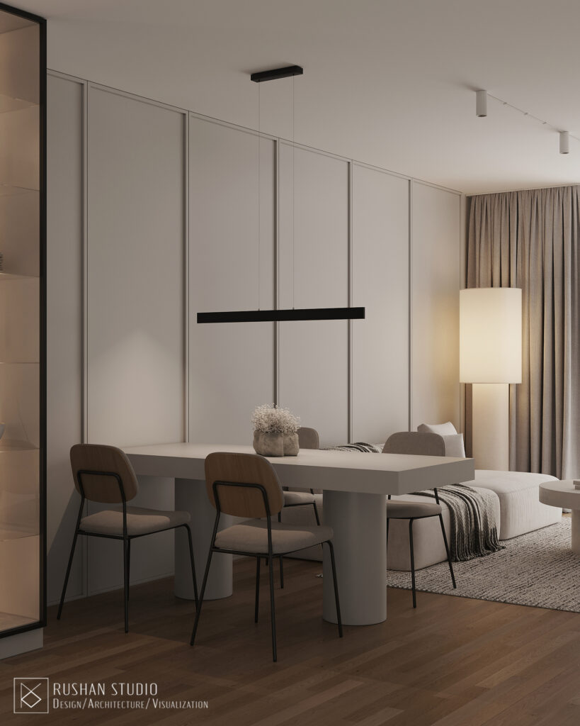 VNN small apartment design with natural parquet, calm colors and refined contemporary style