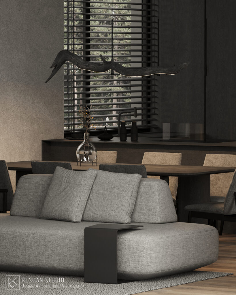KUU interior project image showing natural materials, strict lines and atmospheric dark design