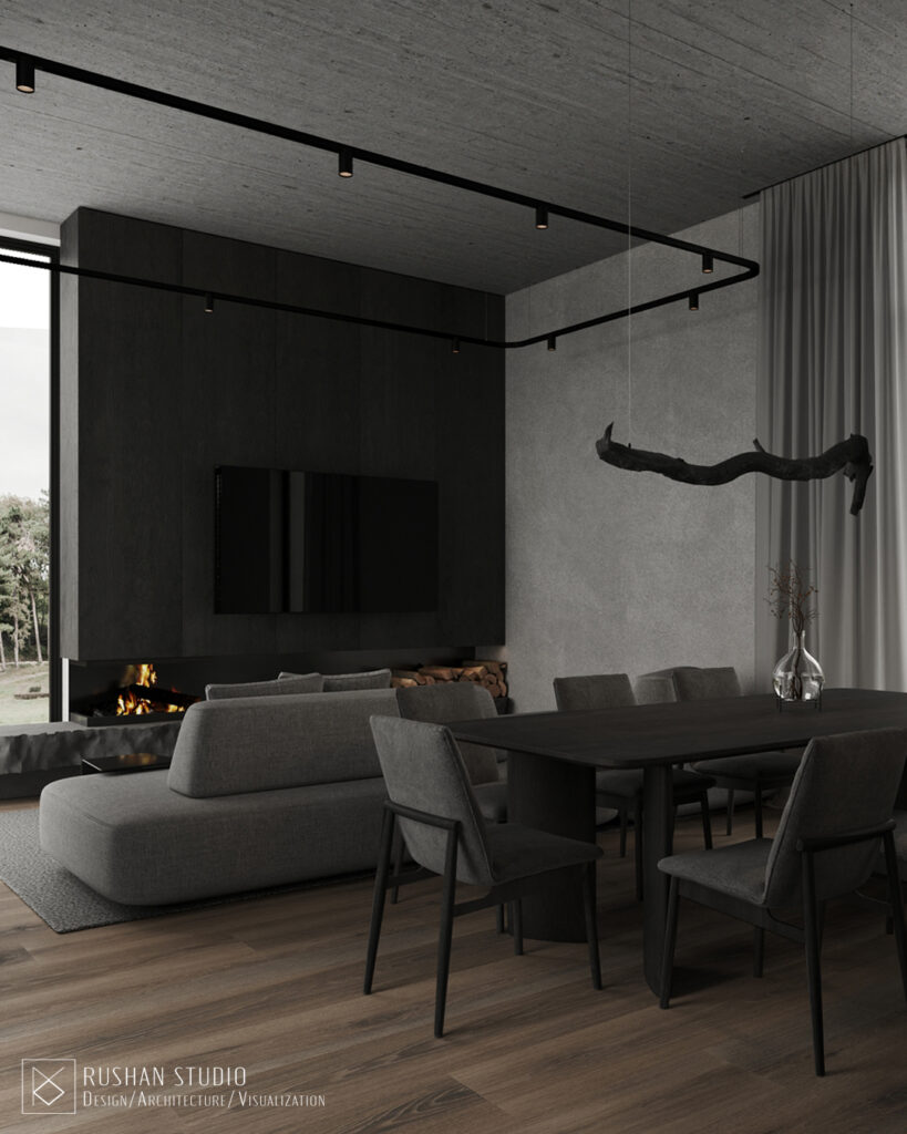 KUU private residence project with dark minimalist interior and warm natural accents