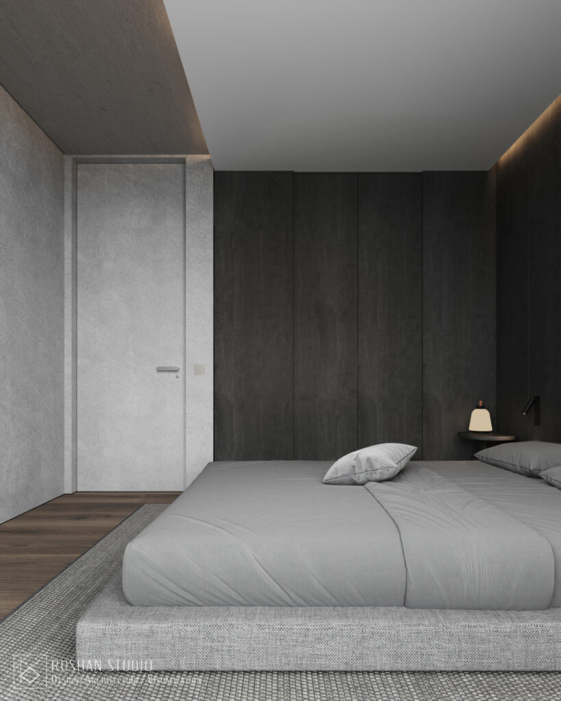 KUU home interior visualization with dark surfaces, calm lighting and sophisticated material contrast