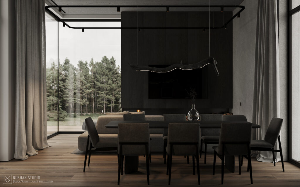 KUU contemporary house interior with deep colors, soft textiles and elegant brutalist character