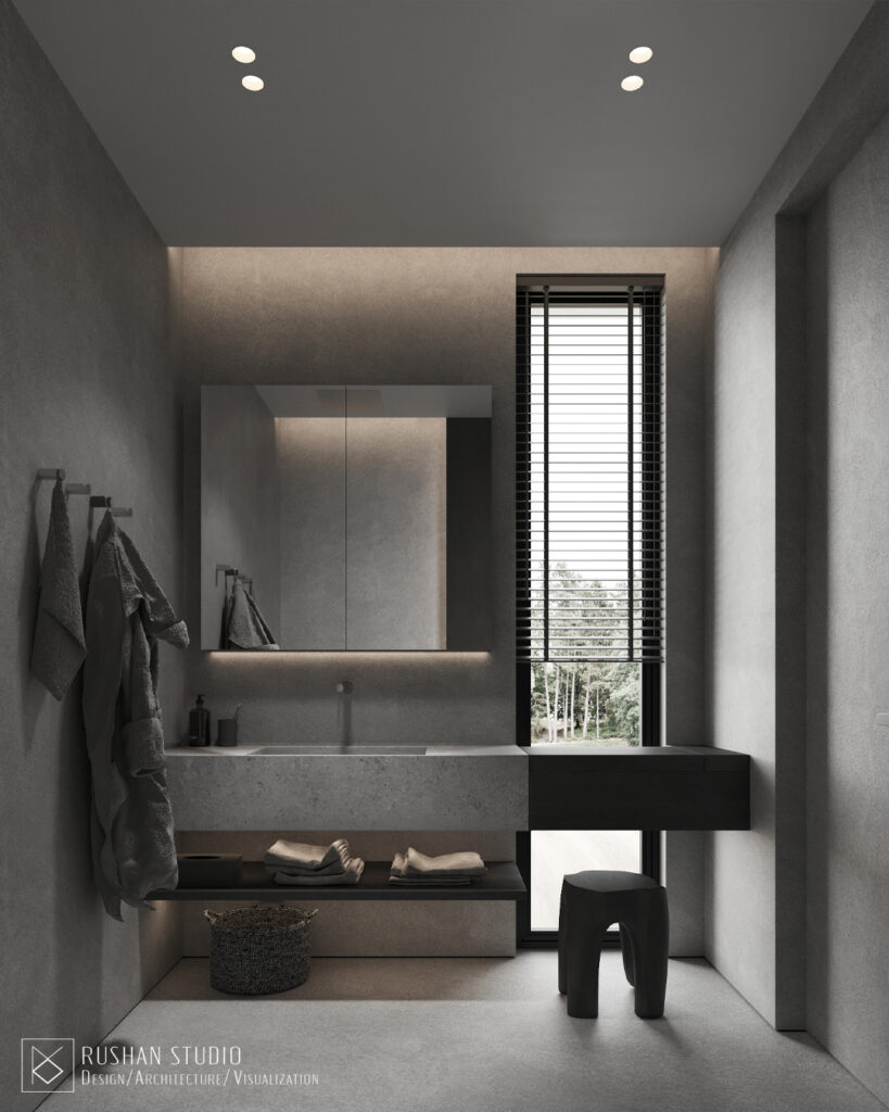 KUU house interior atmosphere with soft light, calm proportions and expressive dark finishes