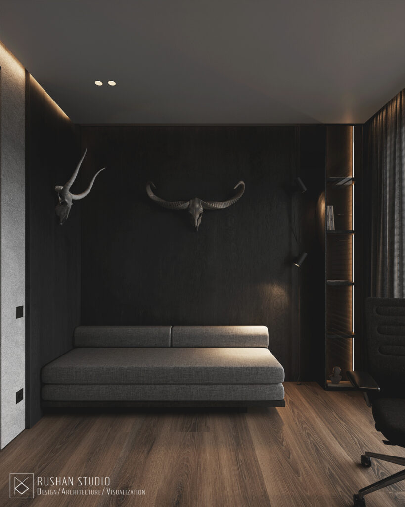 KUU modern home interior by Rushan Studio with dark elegance and subtle natural warmth