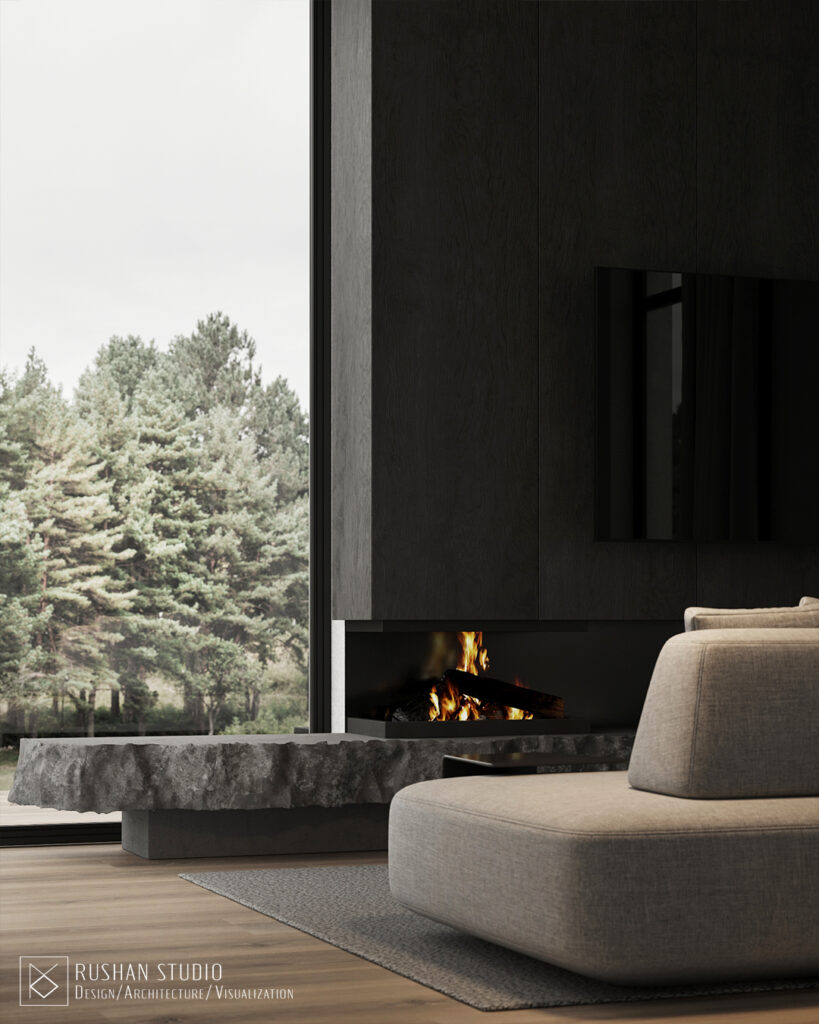 KUU house interior design by Rushan Studio with dark tones, natural textures and quiet confidence