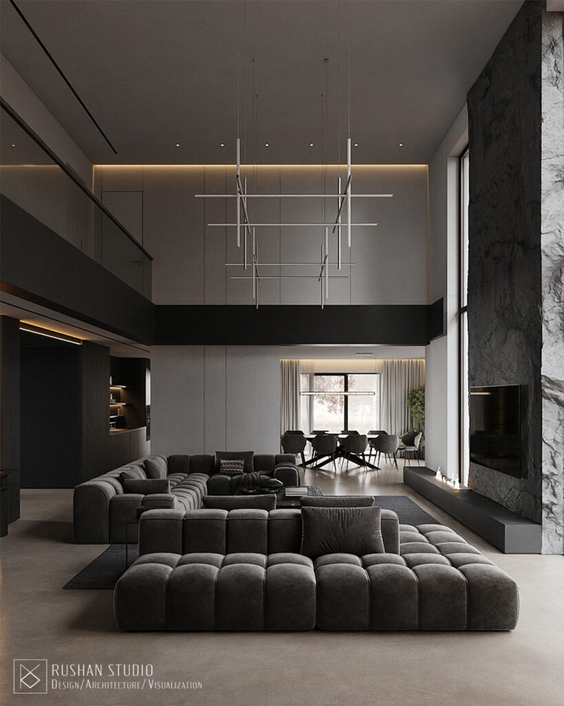 TMI private residence living room with dark wood and warm architectural lighting