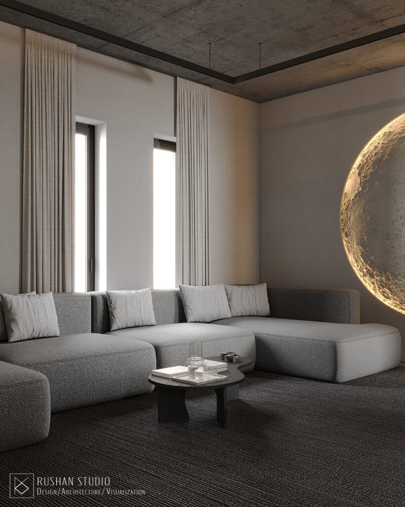 TMI private residence lounge with large sofa and double-height volume