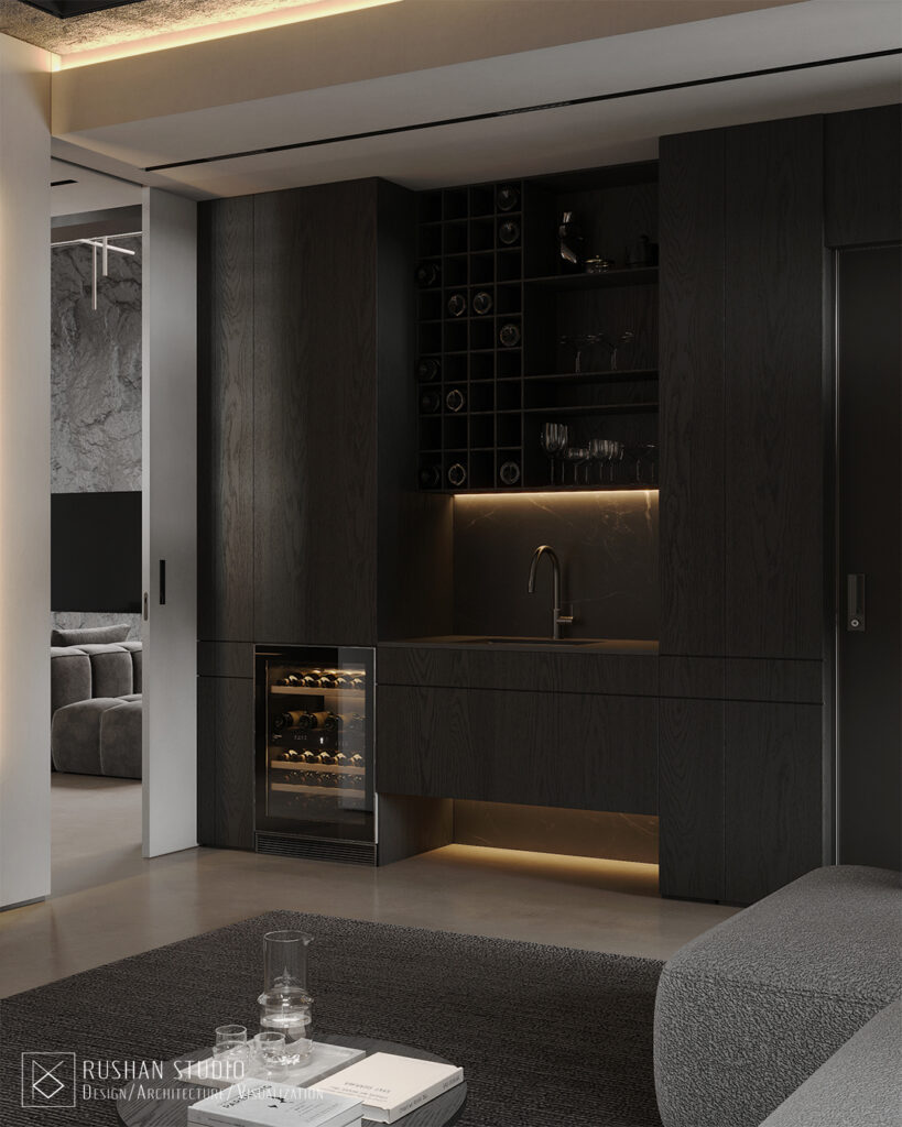 TMI interior detail with matte wood, stone and atmospheric lighting