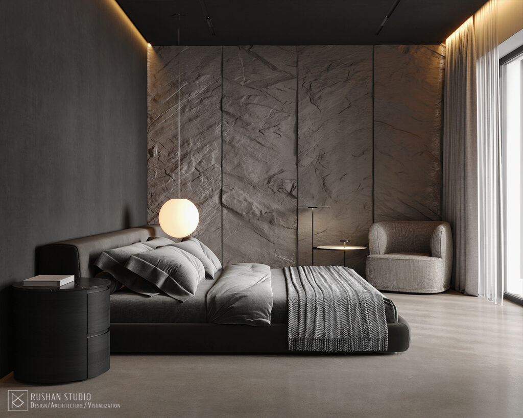 TMI bedroom interior with calm dark palette and soft textiles