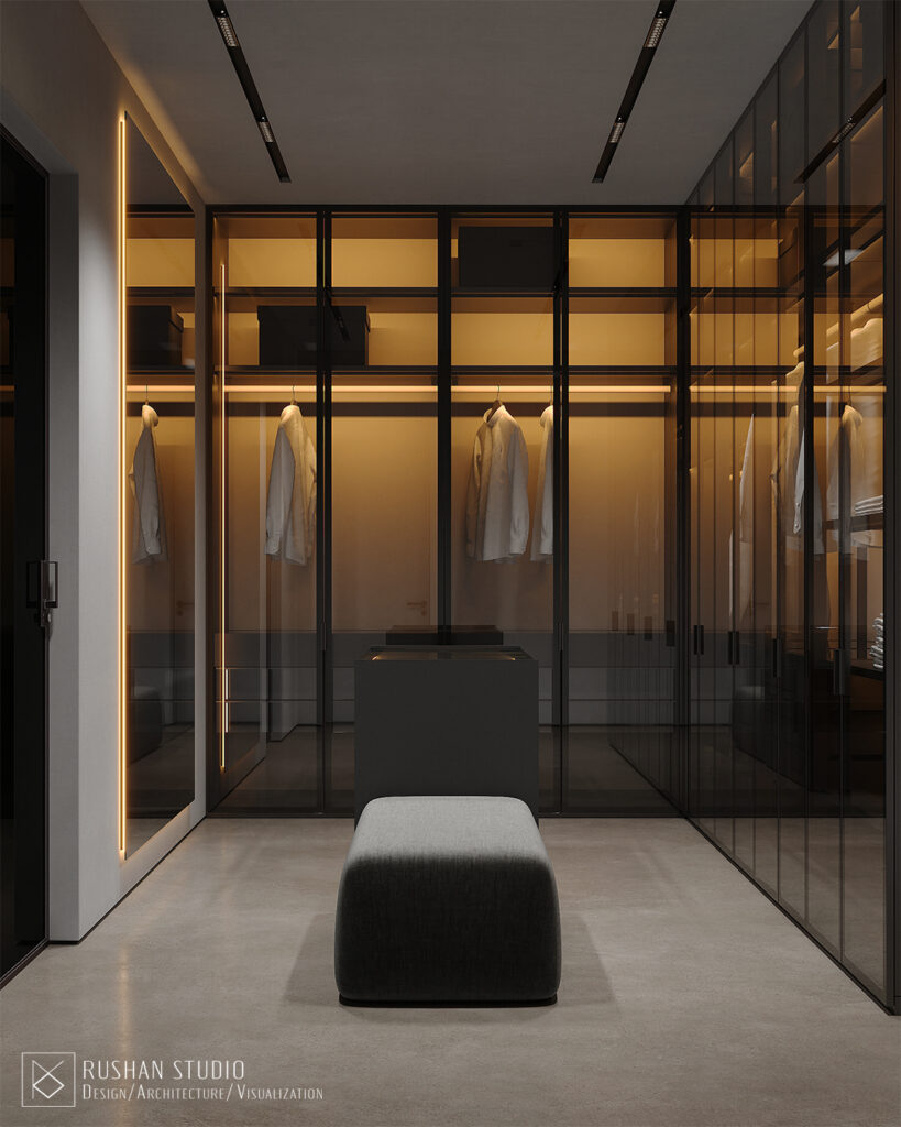 TMI bathroom interior with stone, glass and warm lighting