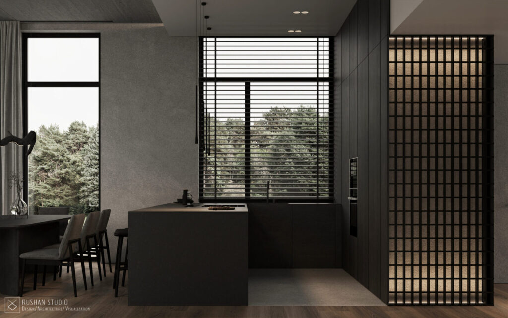 KUU residential interior design with stone texture, wood details and a private relaxing mood