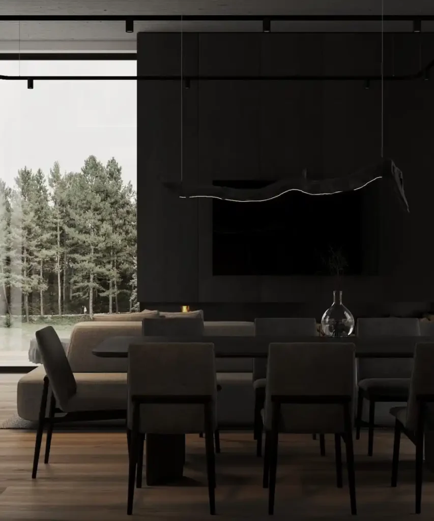 KUU private house interior design project by Rushan Studio with dark tones, open living space and natural materials