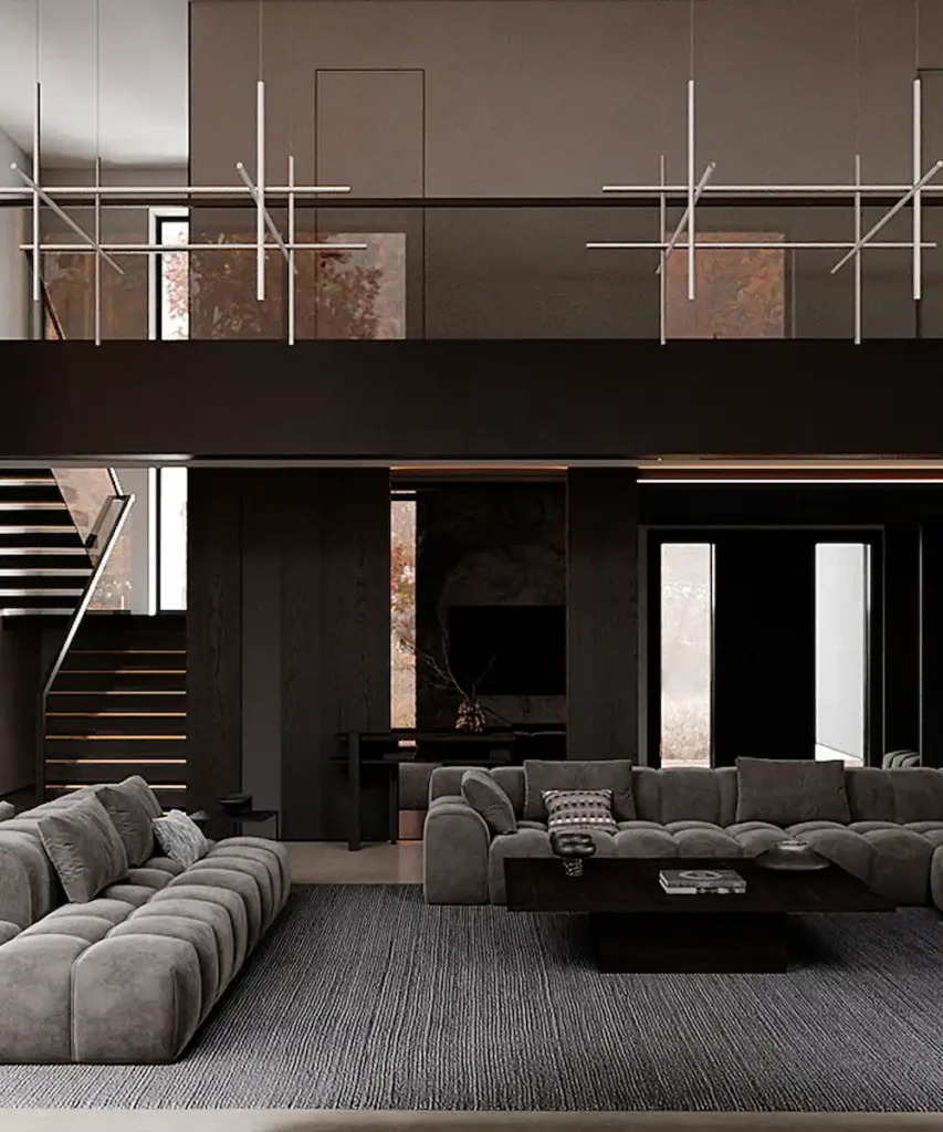 TMI private residence staircase with warm light and dark material palette