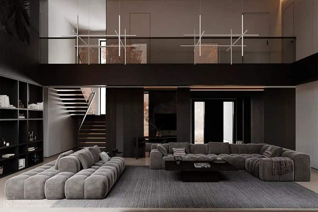 TMI residential interior design project by Rushan Studio with dark wood, warm lighting and architectural forms