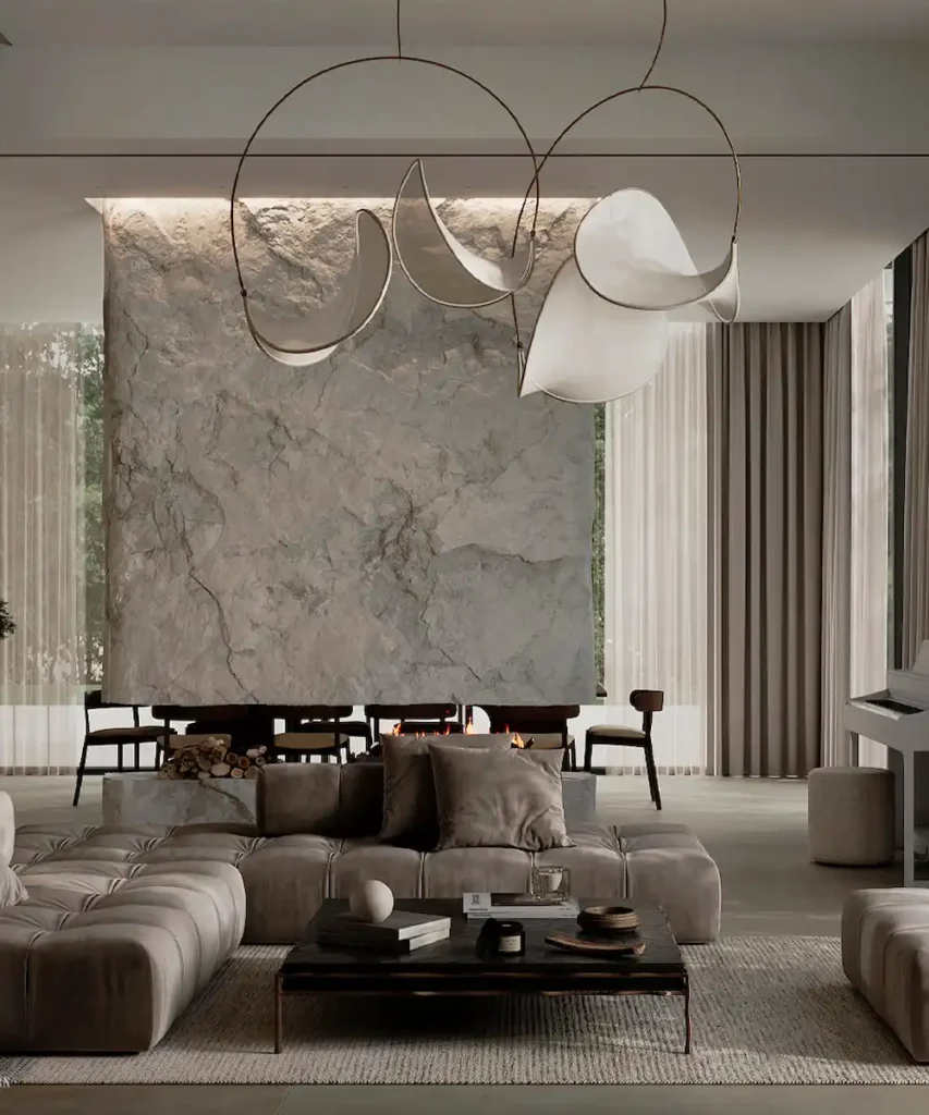 KOS residential interior design project by Rushan Studio with warm wood, natural stone and soft lighting